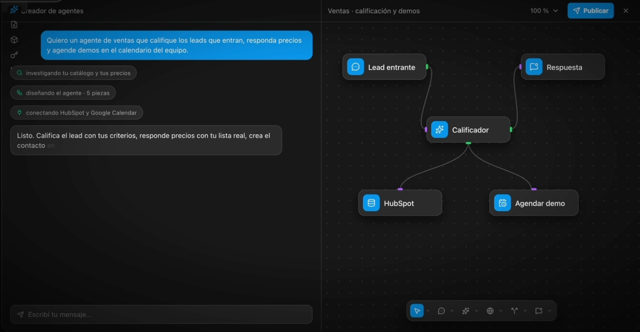 Interfaz de Startti con un agente de ventas conectado a HubSpot y a la agenda de demos